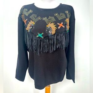 Vintage Rerdem western style with fringe black long sleeve sweater